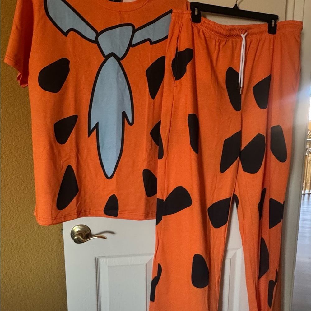 Men's Orange Novelty Two-Piece Pajama Set with Black Spot Pattern